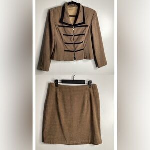 2 Piece Dawn Joy brown/black‎ checkered printed zipper blazer + Skirt set 13/14